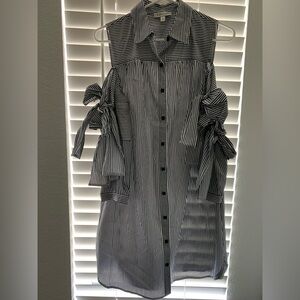 Striped Cold Shoulder Dress With Tied Bows Sleeves